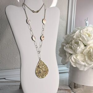 Gorgeous Estate Find| Lg Teardrop Filigree Pendant w/ Abalone Necklace | 2 Tone